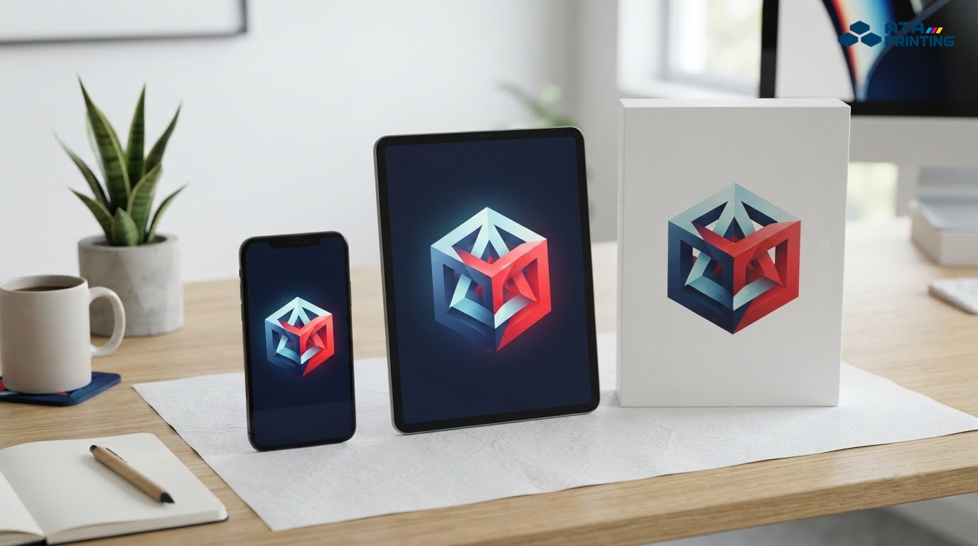 Biểu tượng công nghệ trừu tượng trên thiết bị và bao bì startup