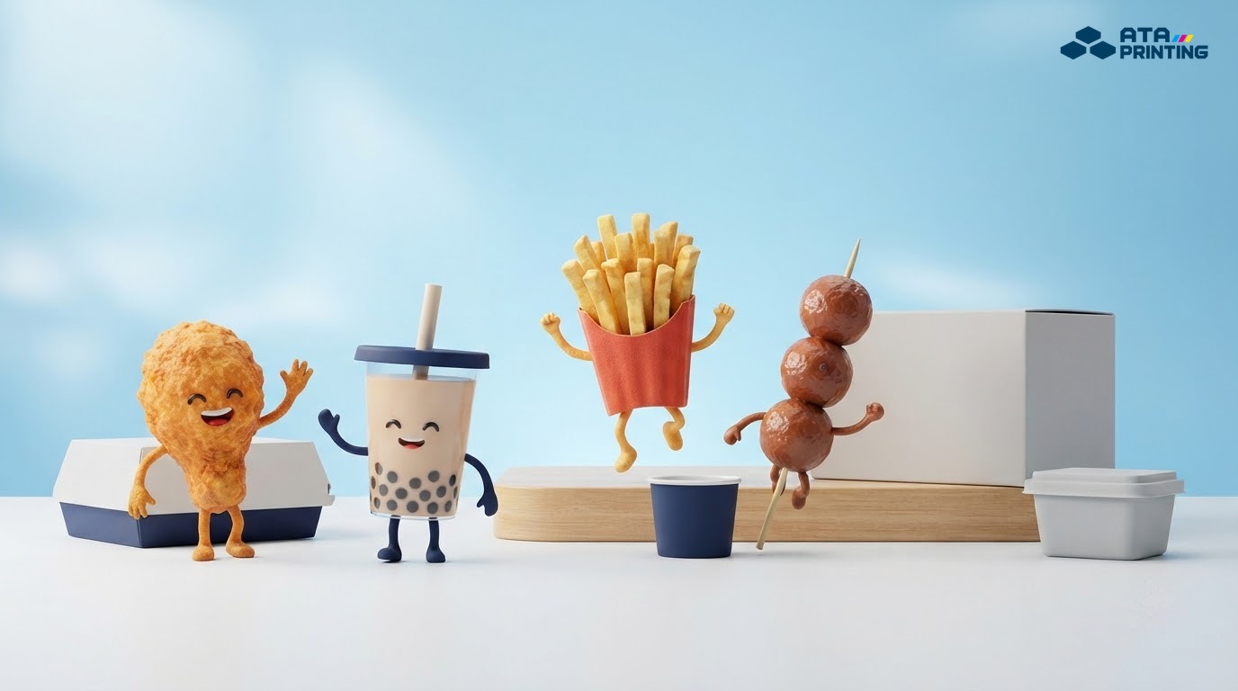 Mô hình món ăn vui nhộn gợi phong cách biểu tượng và linh vật cho quán ăn vặt