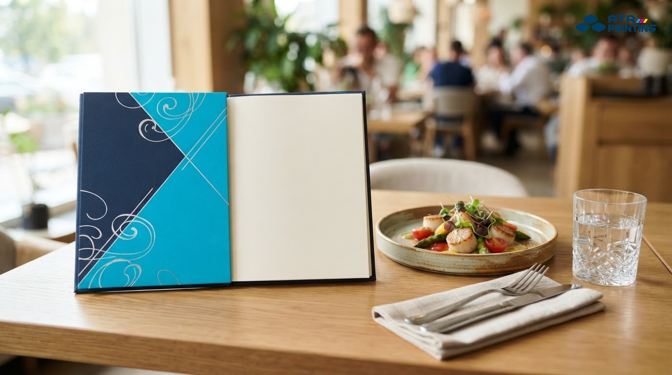 Menu quán ăn cao cấp đặt cạnh món ăn và vật dụng bàn ăn