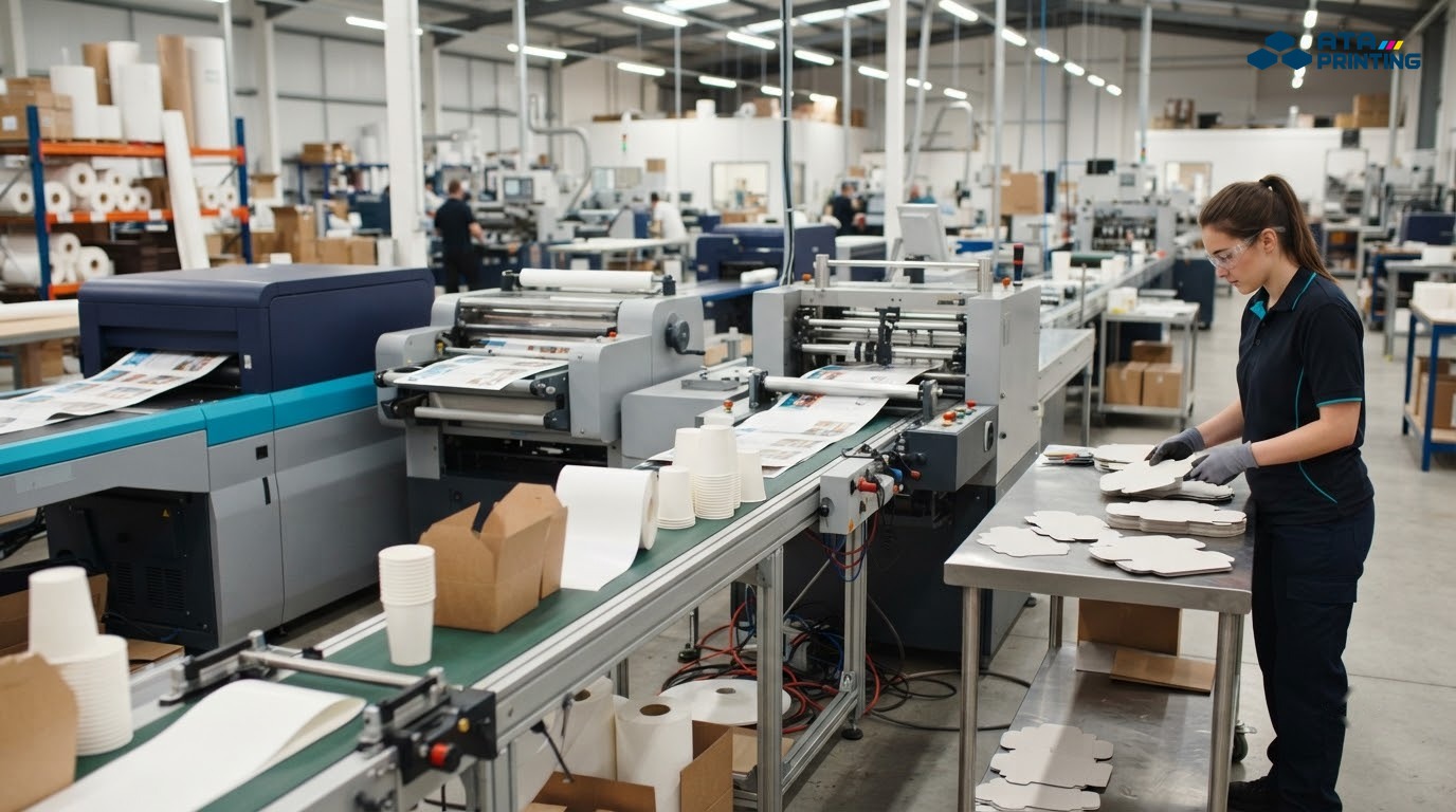 Bao bì quán ăn được in, cán màng và bế thành phẩm trong xưởng