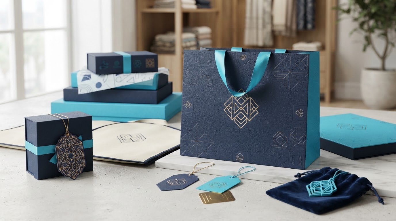 Mẫu nhận diện shop thời trang với biểu tượng hình học hiện đại trên bao bì và thẻ treo