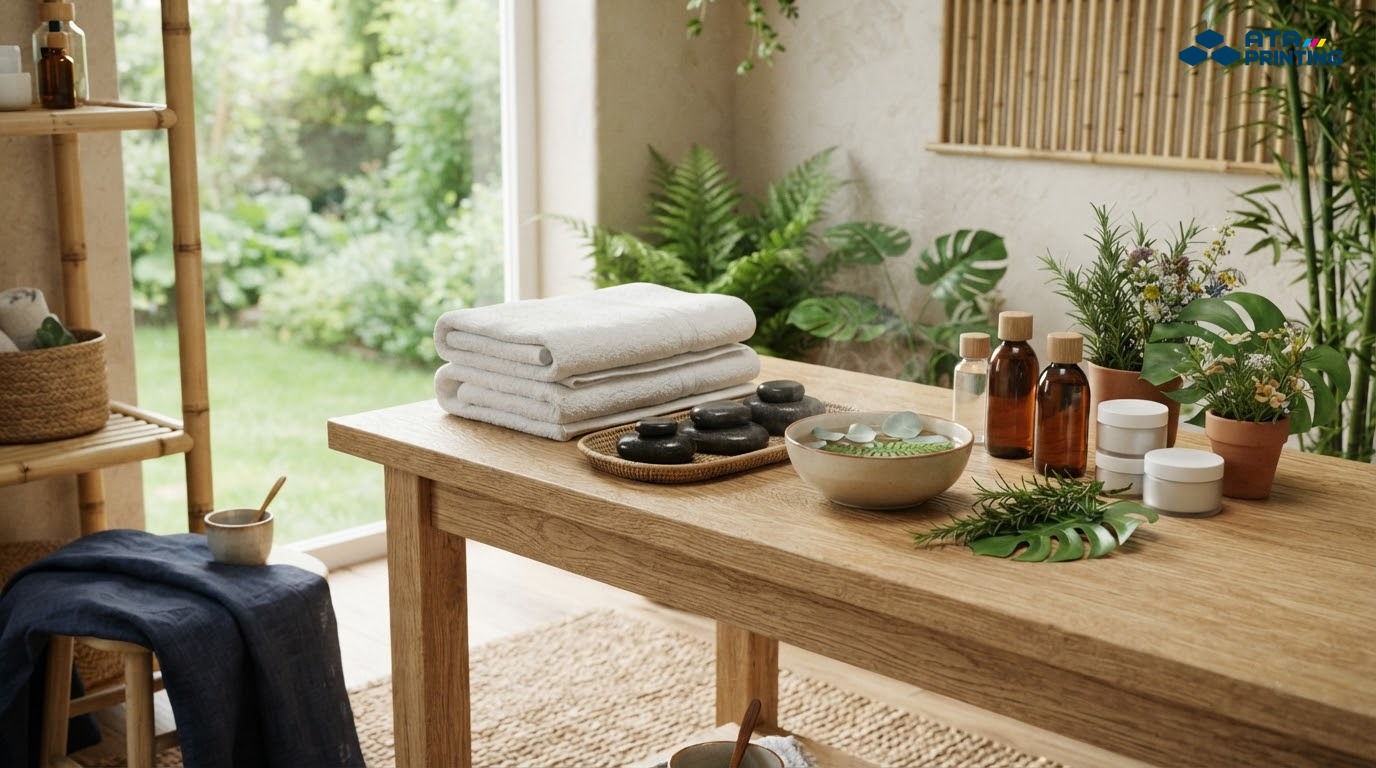 Không gian spa thiên nhiên với lá xanh, đá massage và vật liệu mộc