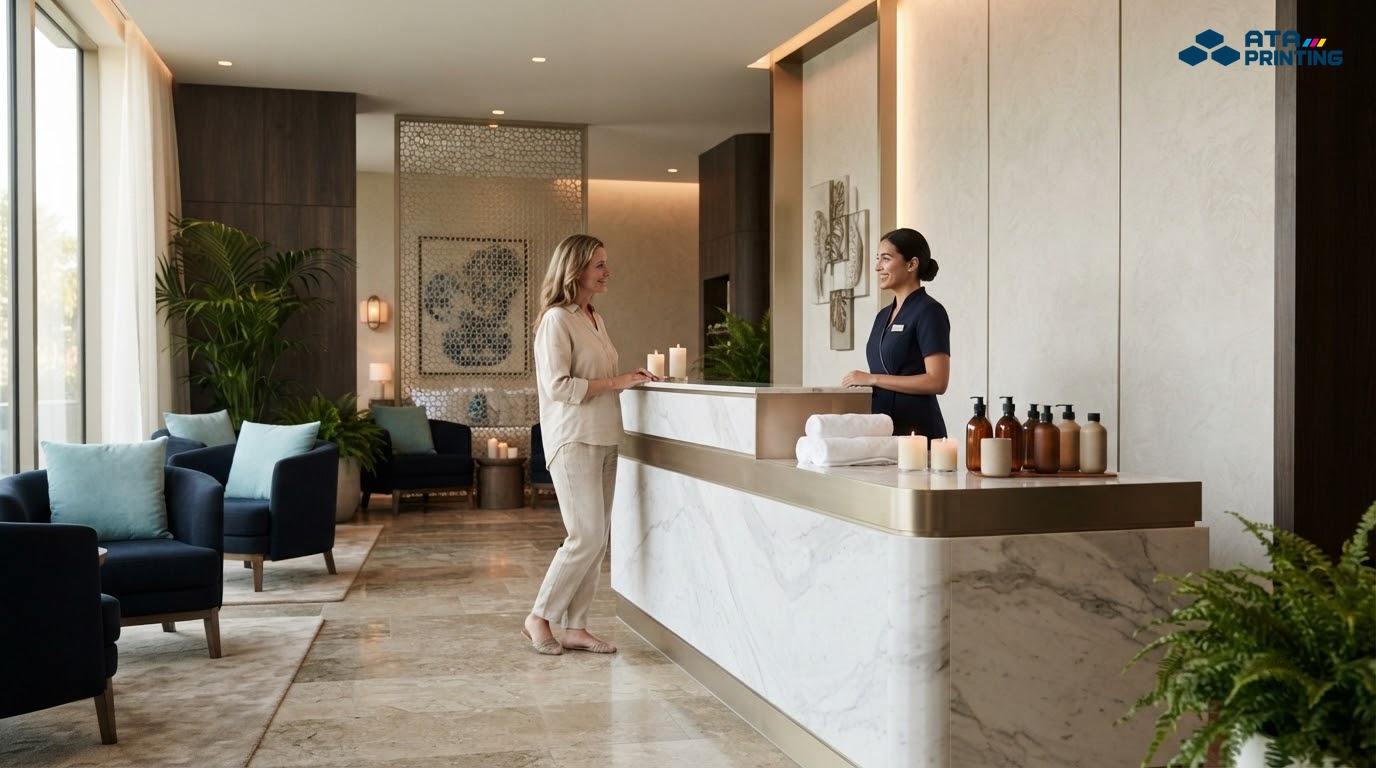Không gian spa cao cấp với vật liệu đá, kim loại và ánh sáng sang trọng