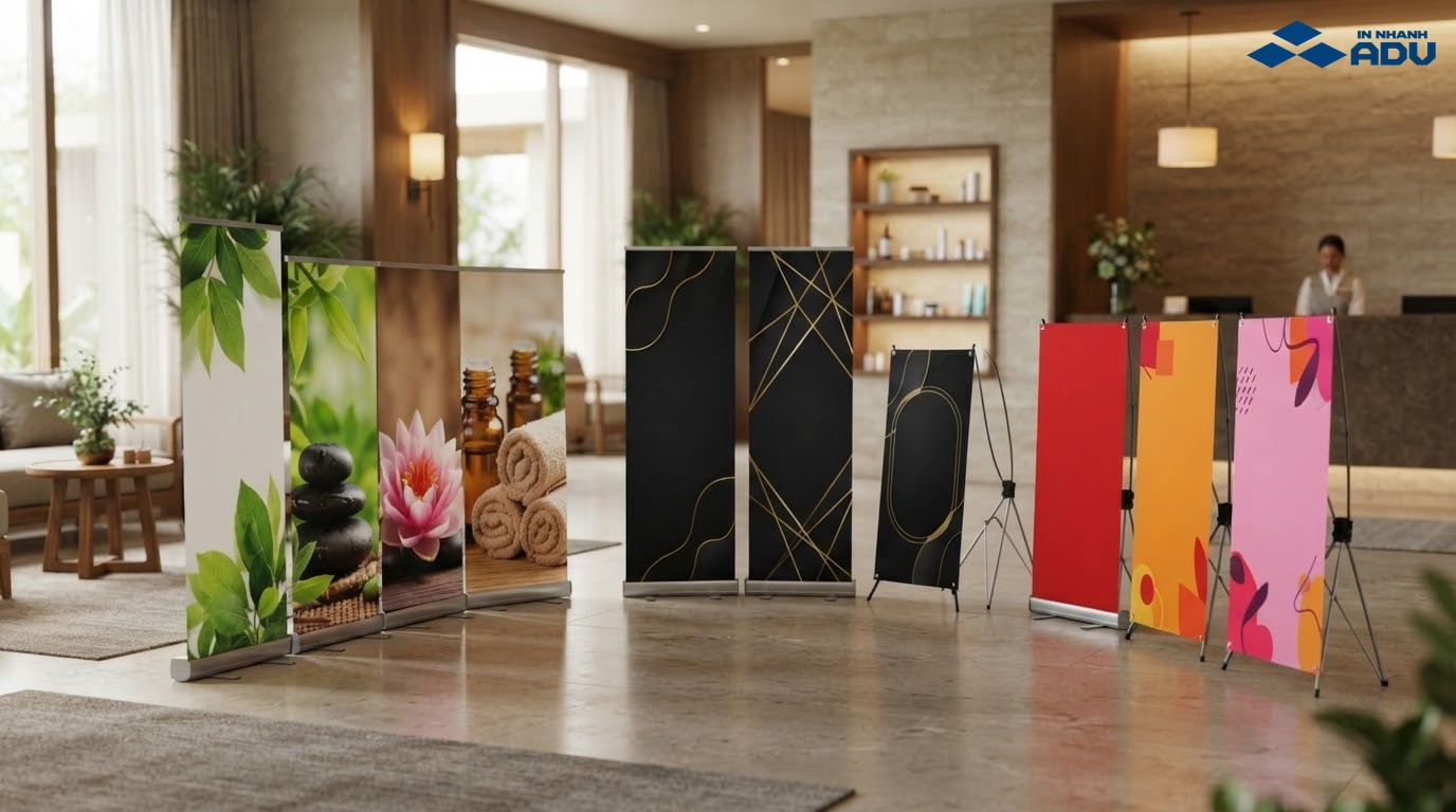 Nhiều mẫu standee spa với phong cách thiên nhiên, cao cấp và khuyến mãi trưng bày cùng nhau