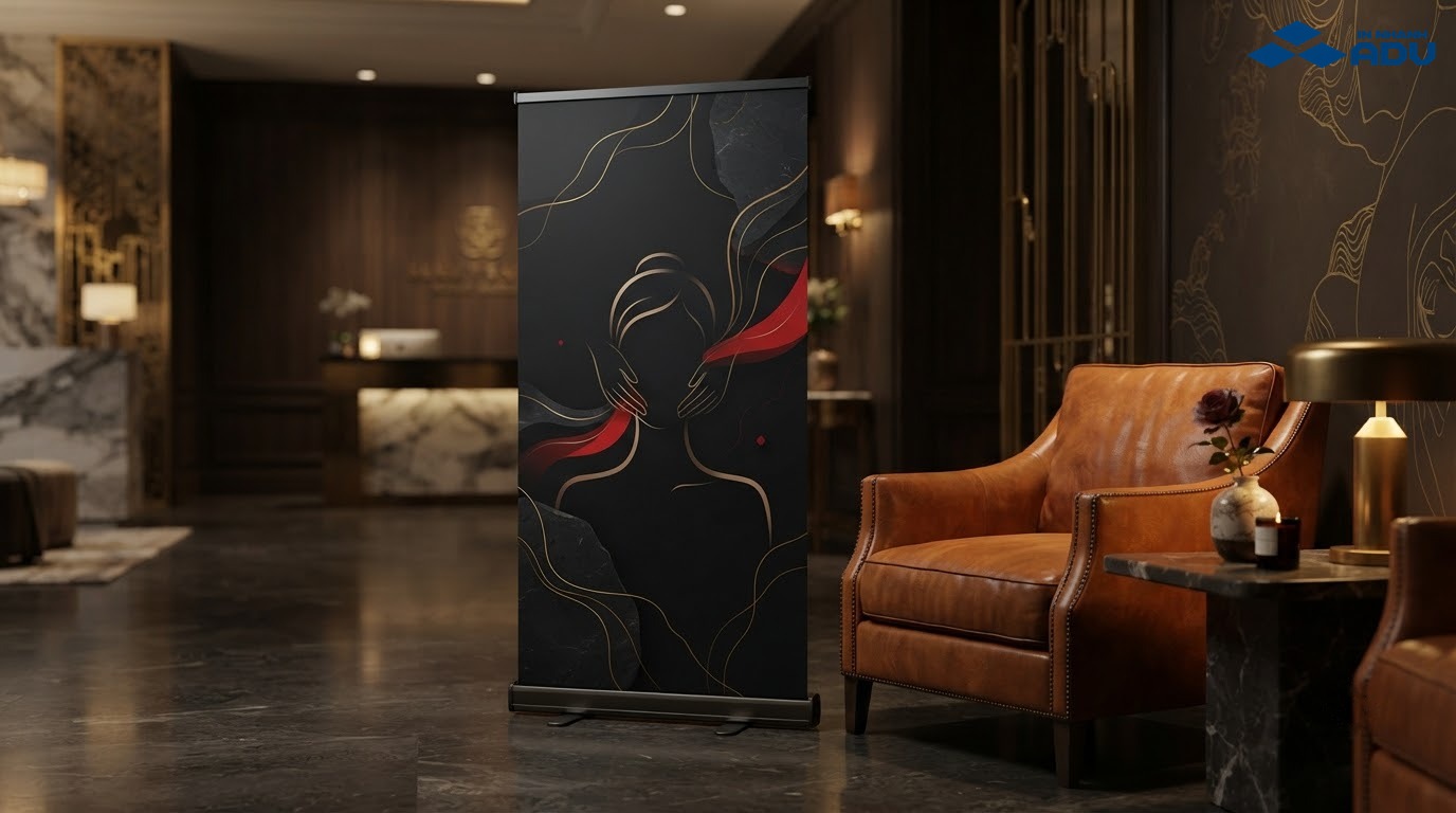 Standee thẩm mỹ viện tông đen vàng trong sảnh spa cao cấp
