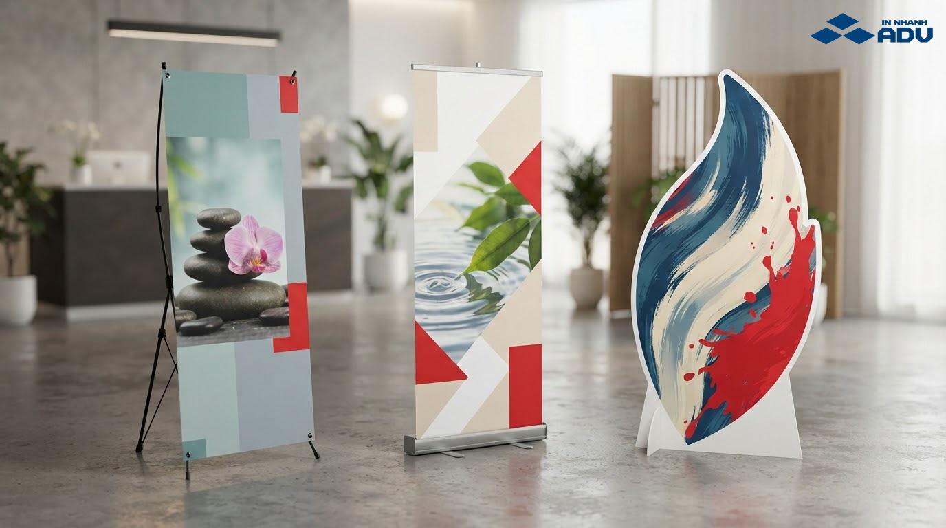 Ba loại standee spa gồm khung chữ X, khung cuốn và mô hình cắt theo hình