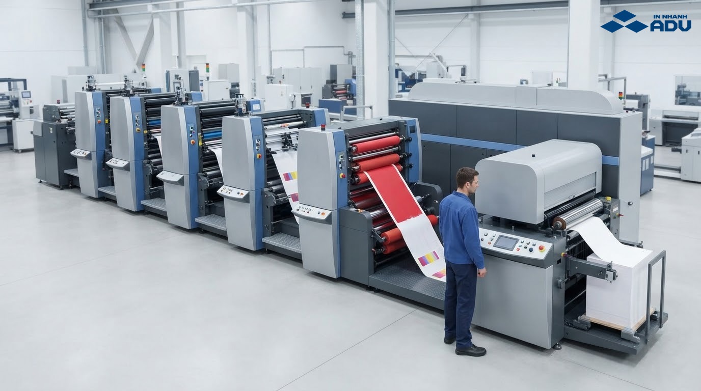 Máy offset nhiều đơn vị in nối tiếp và cụm tráng phủ cuối dây chuyền