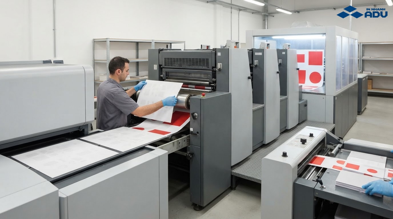 Quy trình chế bản, lắp kẽm, in, làm khô và gia công offset