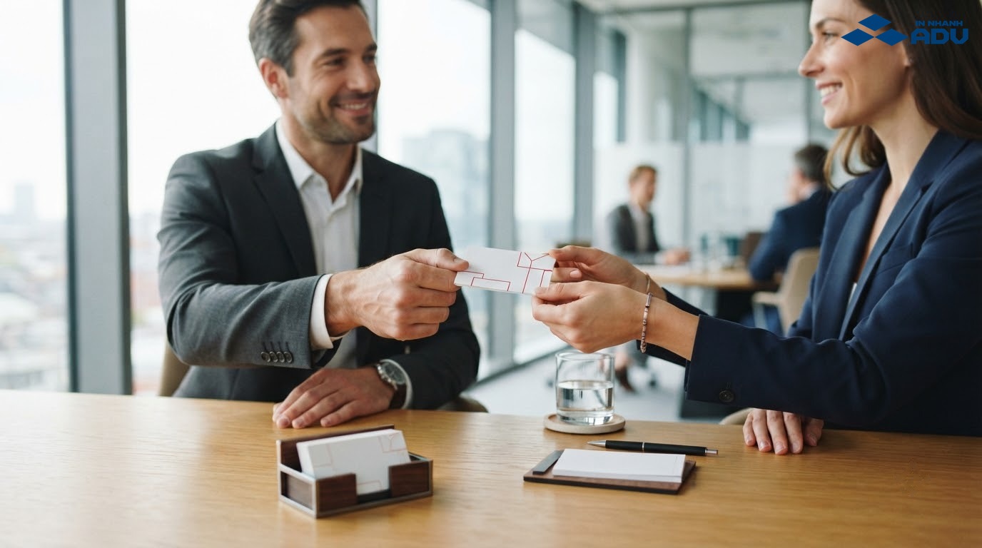 Đối tác trao name card chuyên nghiệp trong cuộc gặp kinh doanh