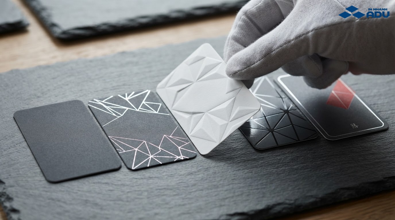 Name card cán mờ, ép kim, dập nổi, phủ bóng và bo góc