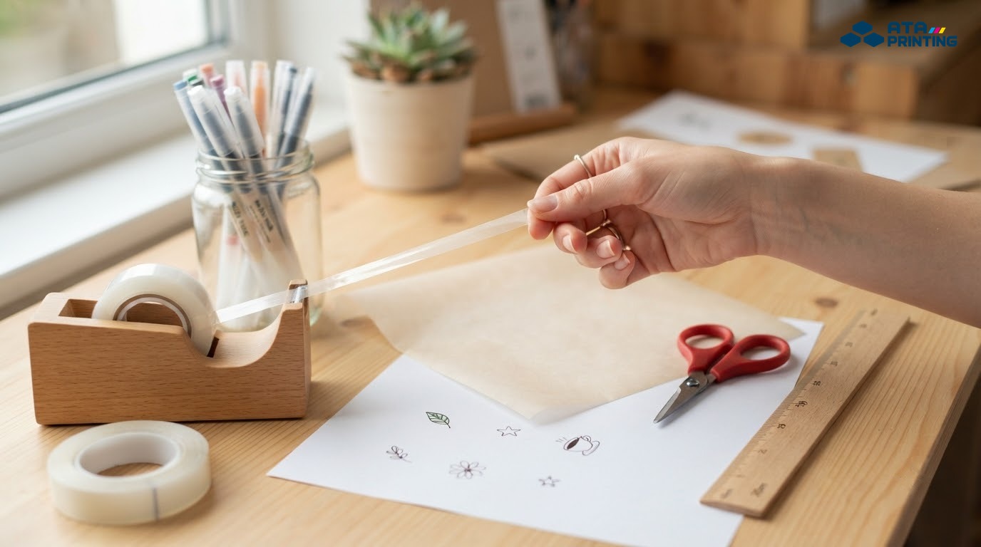 Giấy vẽ, băng dính trong, băng keo hai mặt, giấy nến và kéo để làm sticker