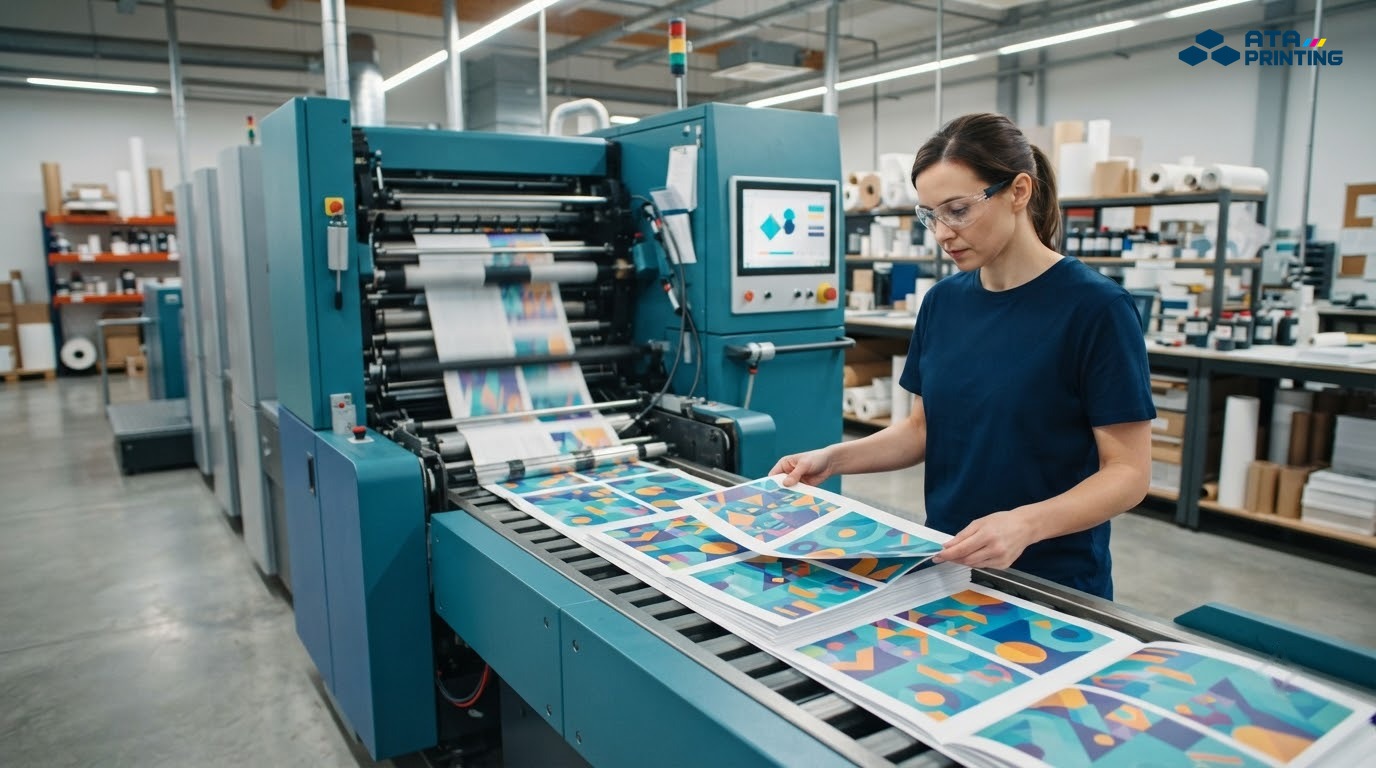 Máy in offset và máy in kỹ thuật số hiện đại đang xử lý các tờ pamphlet trong xưởng in