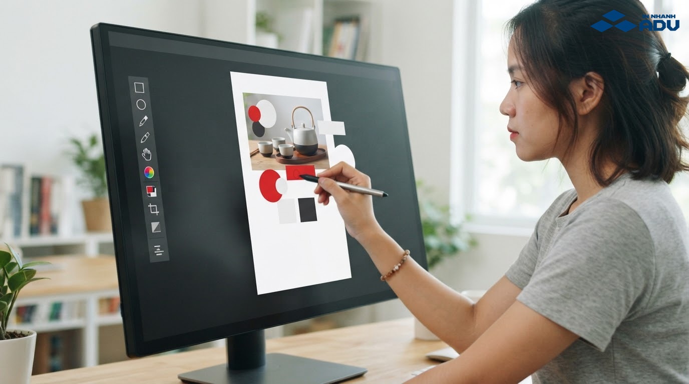 Người dùng thiết kế poster bằng giao diện kéo thả trực tuyến
