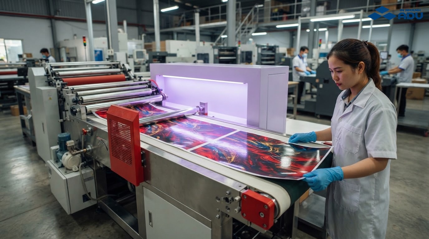 Tờ in đi qua trục tráng phủ và hệ thống đèn sấy UV