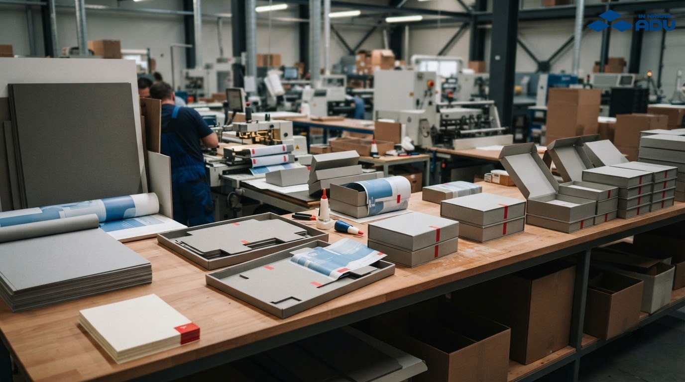 Quy trình sản xuất hộp cứng từ vật liệu đến thành phẩm