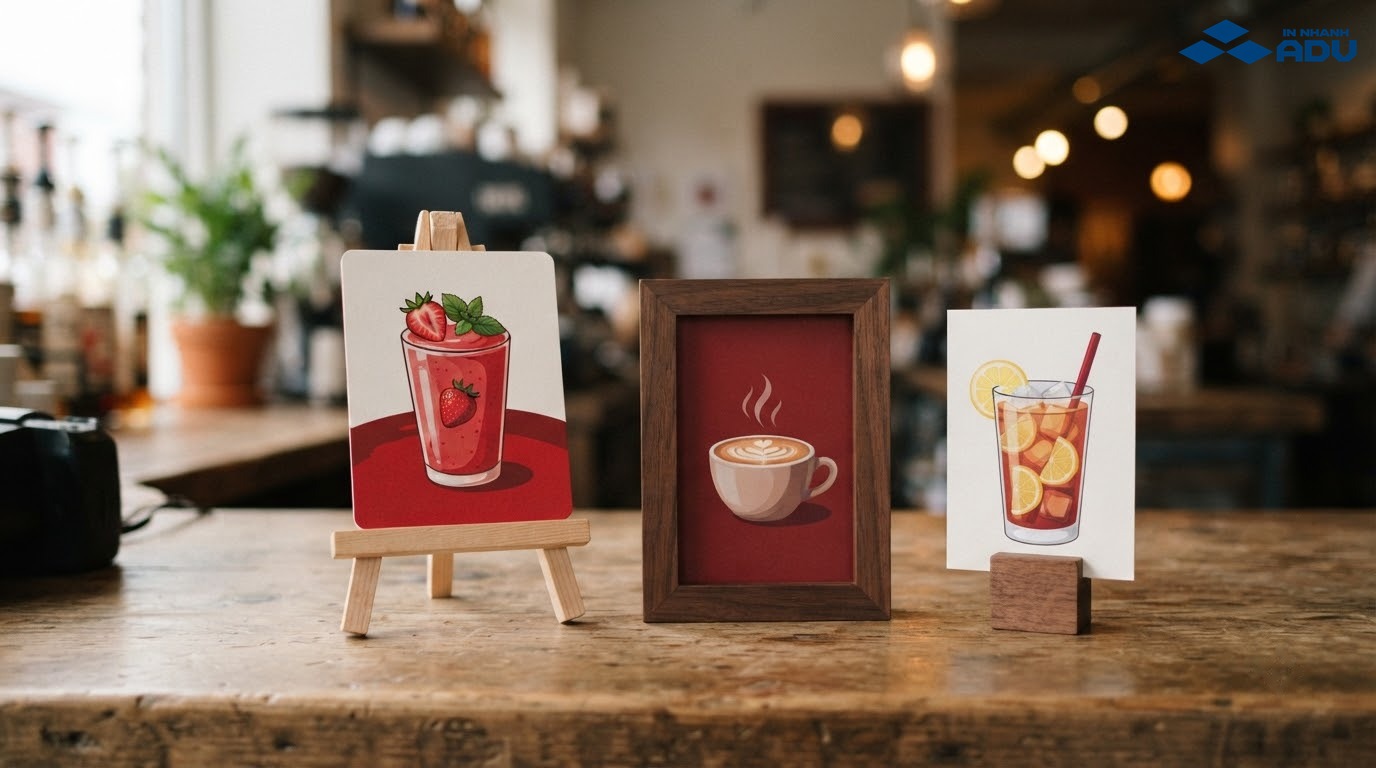 Mini standee gỗ để bàn trưng bày menu và sản phẩm