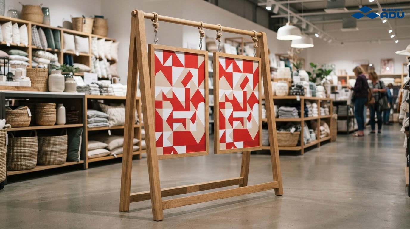 Standee gỗ treo poster hai mặt trong lối đi cửa hàng