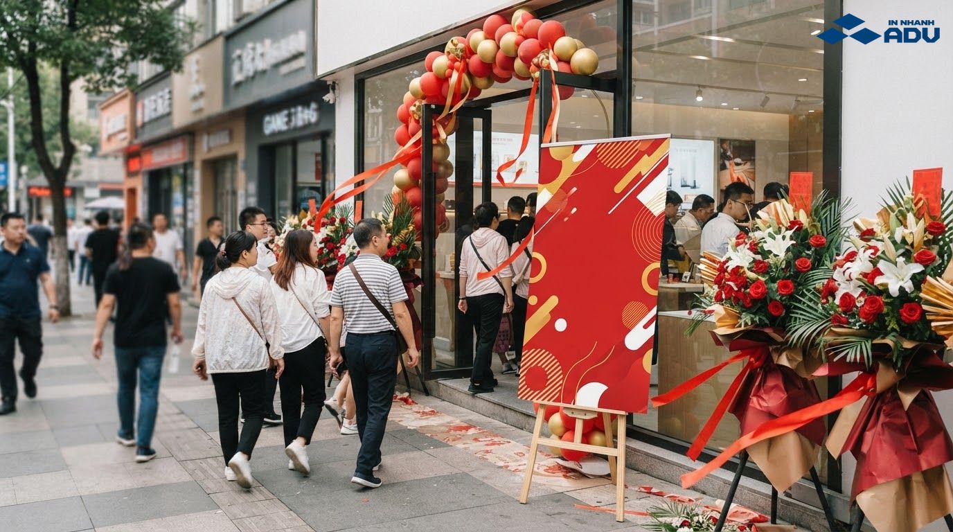 Standee khai trương thu hút khách trước lối vào cửa hàng