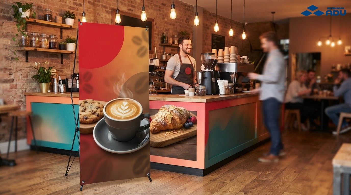 Standee khai trương quán cà phê bên khu vực phục vụ