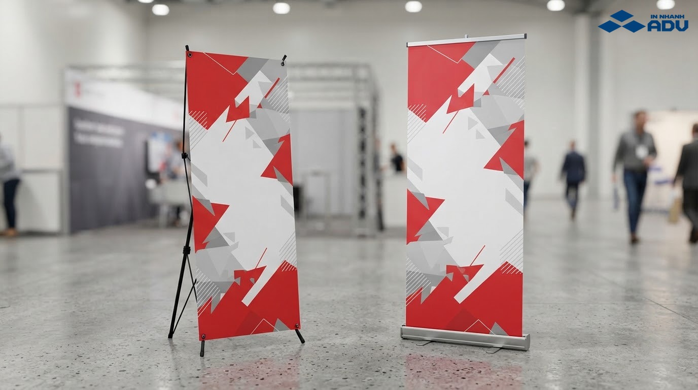 So sánh standee chữ X và standee cuốn khai trương