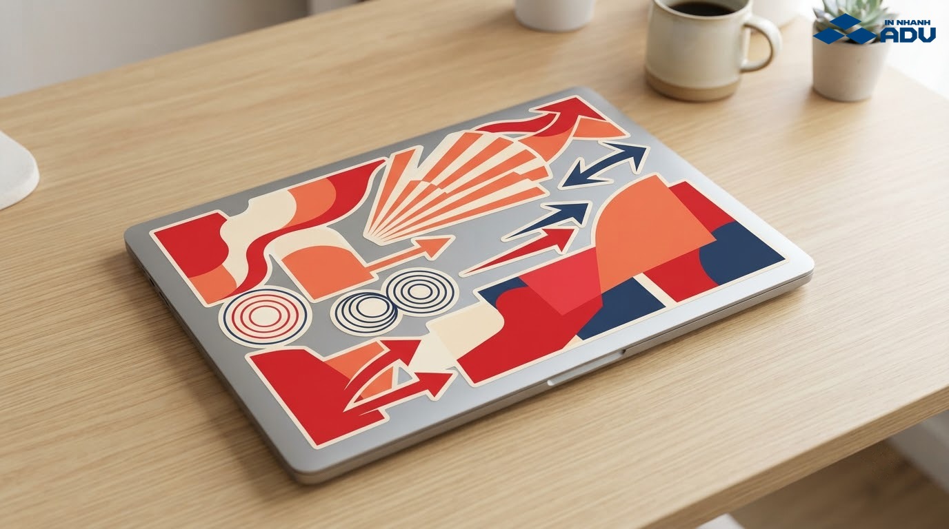 Laptop trang trí sticker hình học trừu tượng giàu nhịp điệu và màu sắc