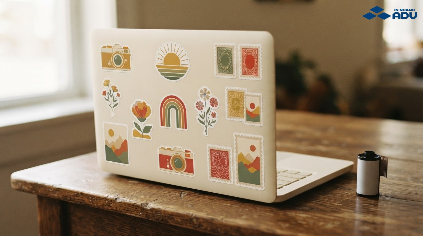 Laptop màu kem dán sticker máy ảnh, mặt trời và hoa lá phong cách retro