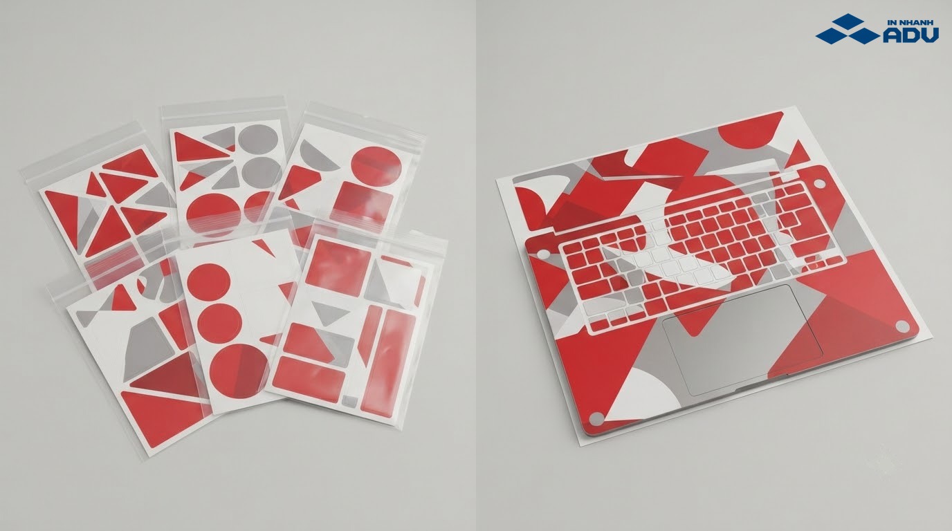 Bộ sticker có sẵn cạnh tờ sticker được cắt riêng theo kích thước laptop