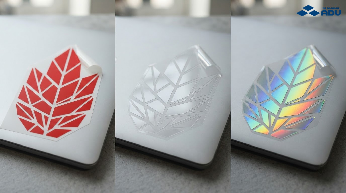 Ba mẫu sticker laptop bằng decal nhựa sữa, nhựa trong và hologram