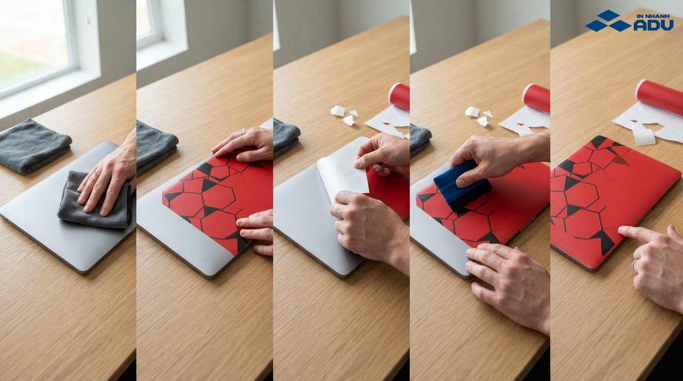 Các bước lau vỏ máy, căn sticker, bóc đế và gạt khí khi dán laptop