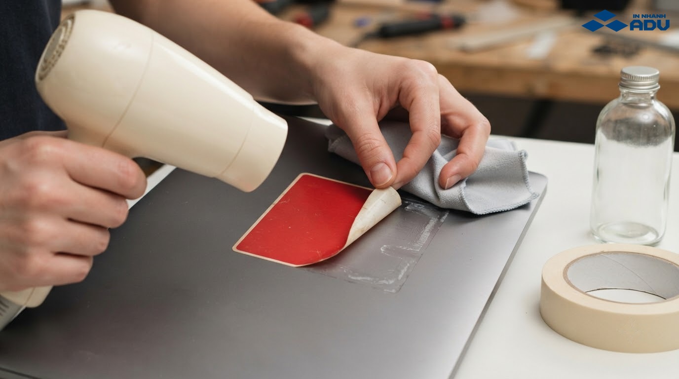 Bàn tay làm ấm và bóc chậm sticker cũ khỏi vỏ laptop rồi lau sạch