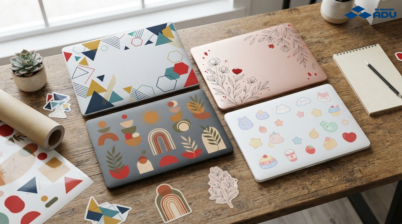Bốn laptop cá nhân hóa bằng sticker hình học, hoa lá, retro và pastel