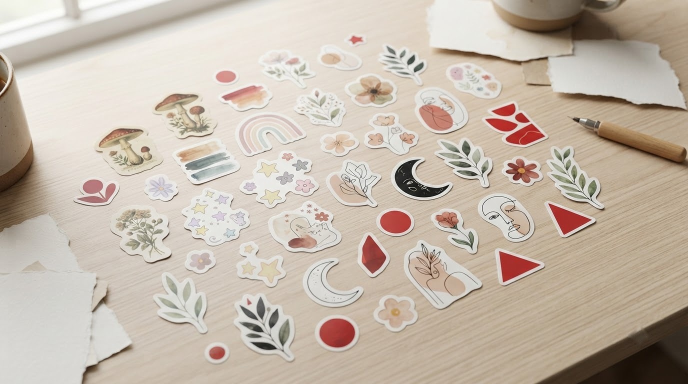 Các miếng sticker rời nhiều phong cách sáng tạo được sắp xếp trên bàn làm việc