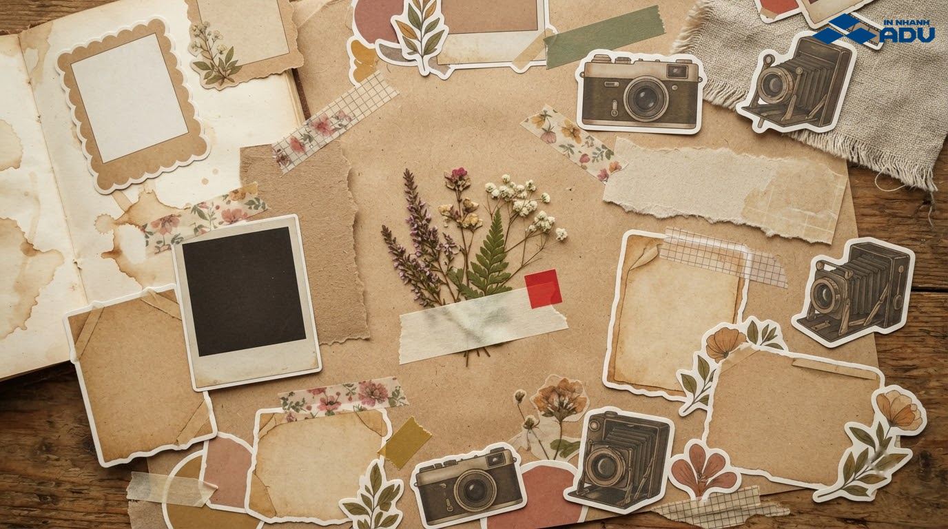 Sticker phong cách vintage với khung ảnh cổ điển, giấy rách và băng dính trang trí