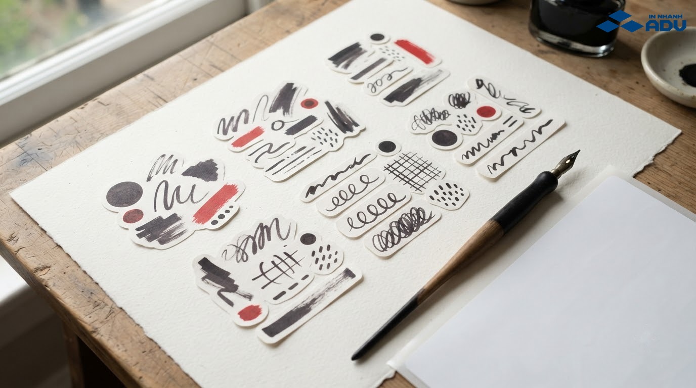 Sticker trang trí với nét cọ, nét mực và đường cong gợi phong cách chữ viết tay