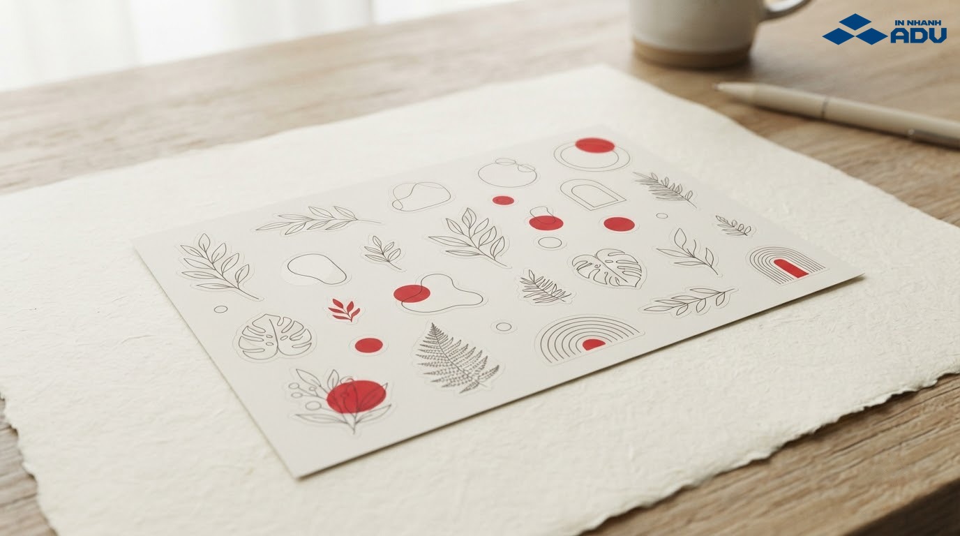 Sticker tối giản dạng line art với đường nét thanh mảnh và họa tiết thực vật