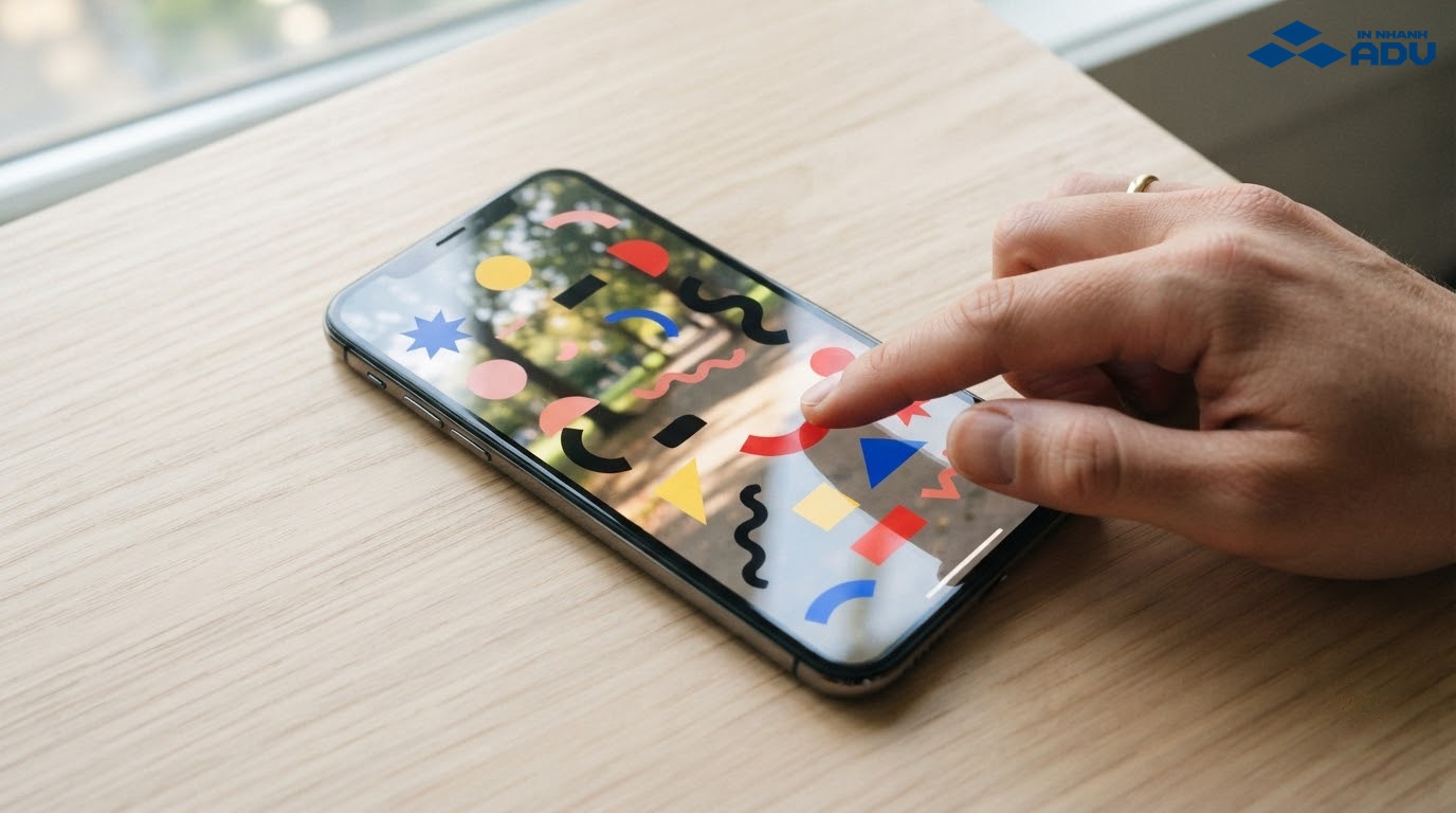 Bàn tay sắp xếp các sticker hình học trên ảnh hiển thị bằng điện thoại