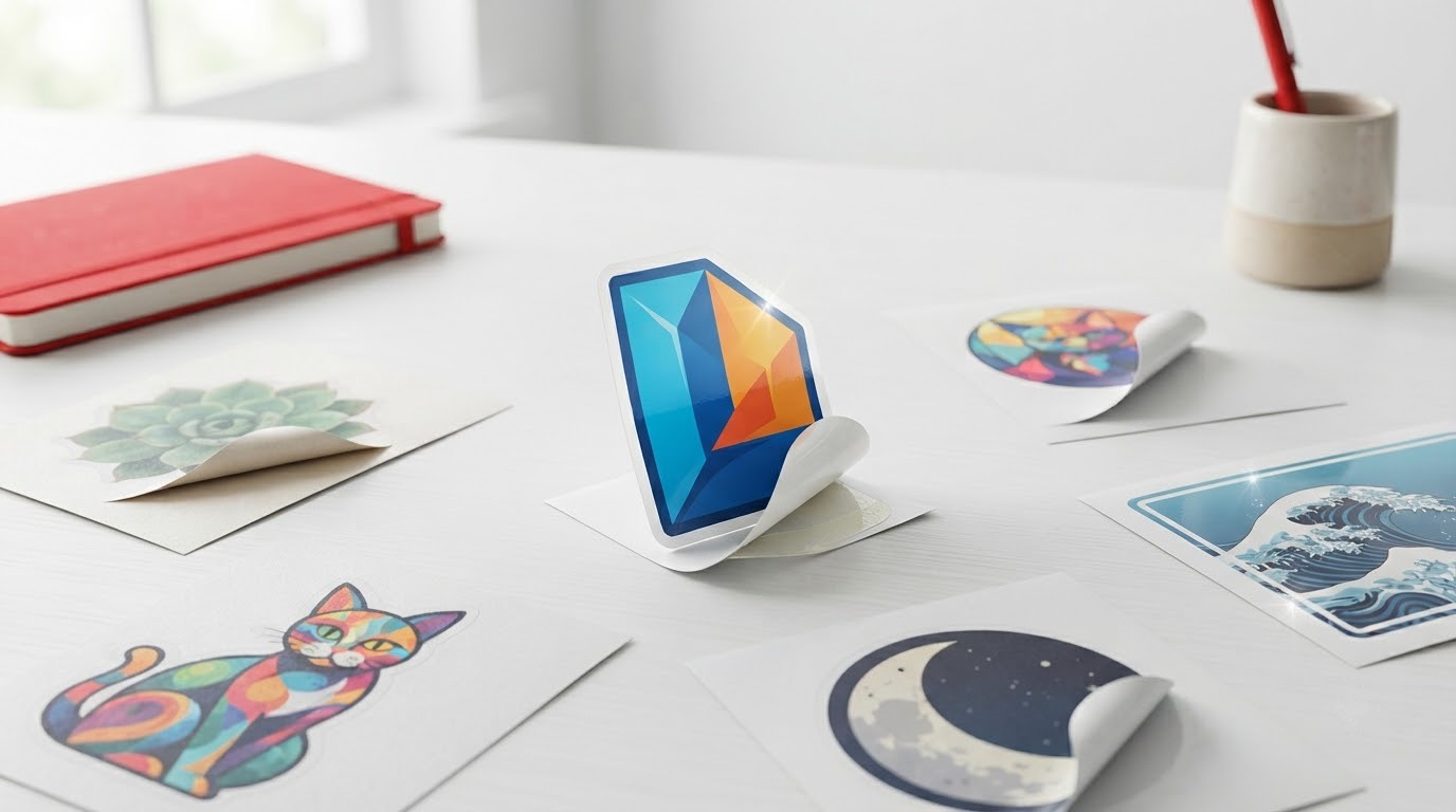 Sticker hình mèo, trăng và hình học đang bóc khỏi giấy đế