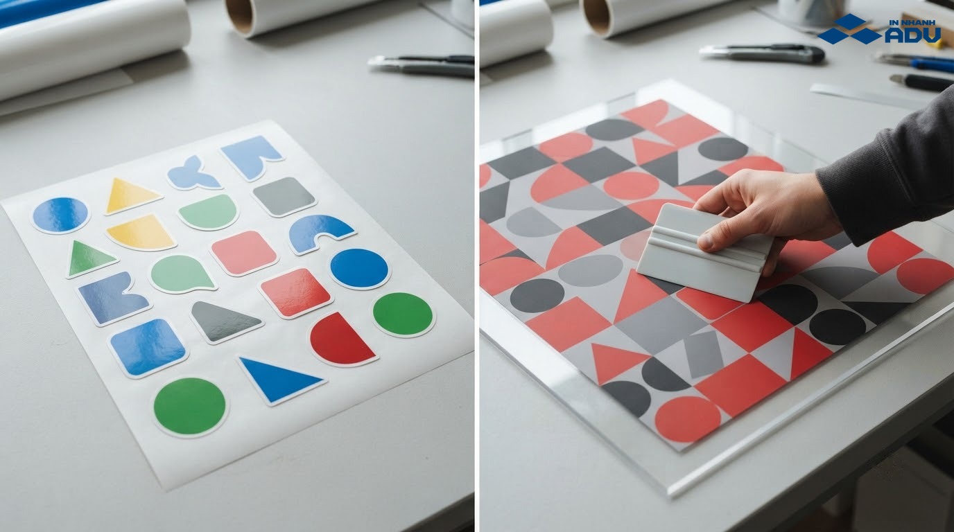 Sticker rời và tấm decal đang được miết