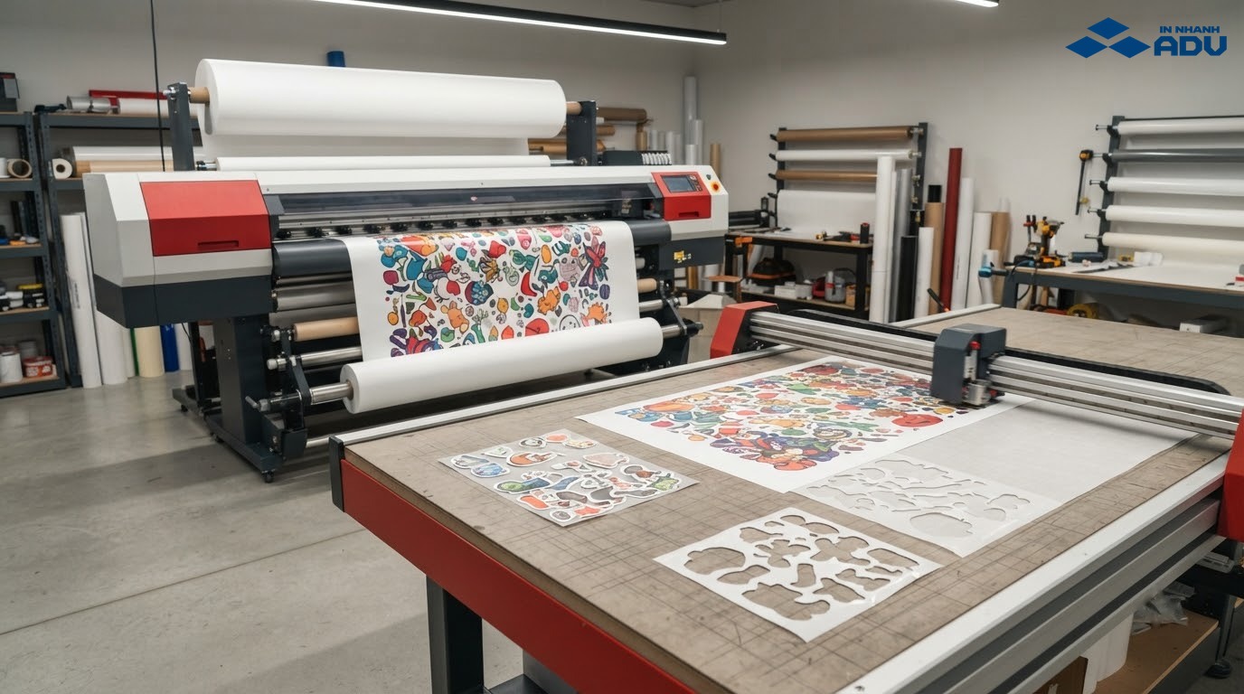 Máy in cuộn và bàn cắt bế sticker