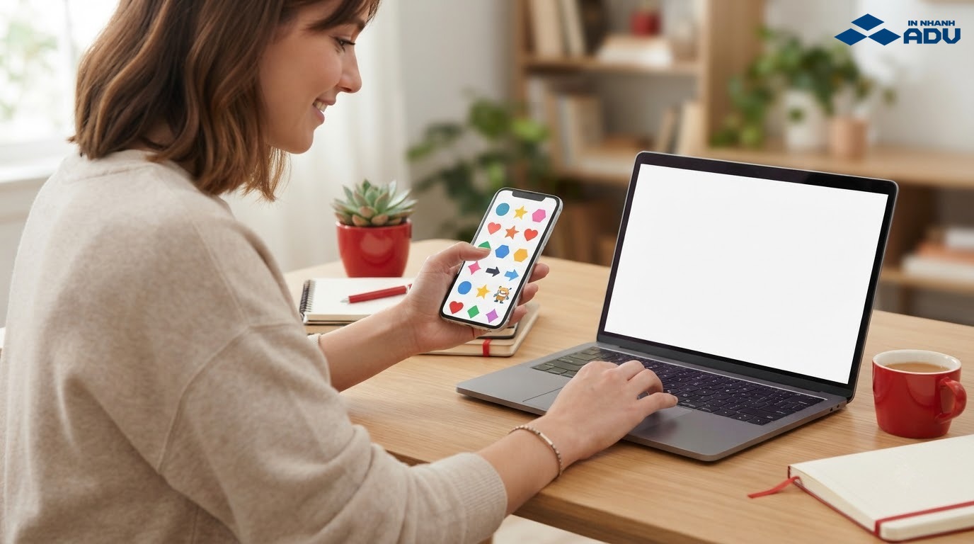 Người phụ nữ cầm điện thoại hiển thị lưới sticker mascot nguyên bản, bên cạnh là laptop có màn hình trắng
