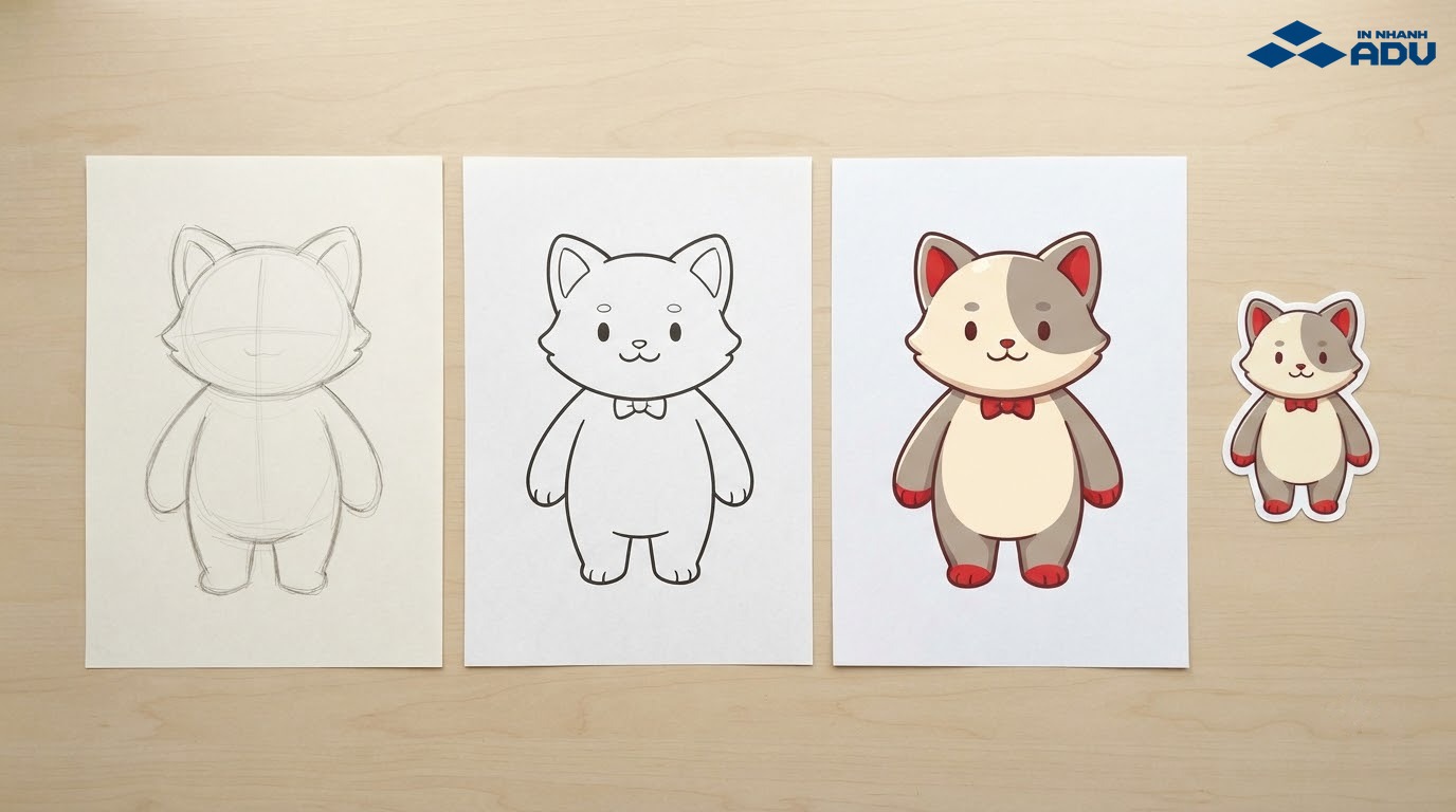 Ba bản vẽ cùng một mascot mèo nguyên bản từ nét phác chì đến bản tô màu, cạnh mẫu sticker die-cut hoàn thiện