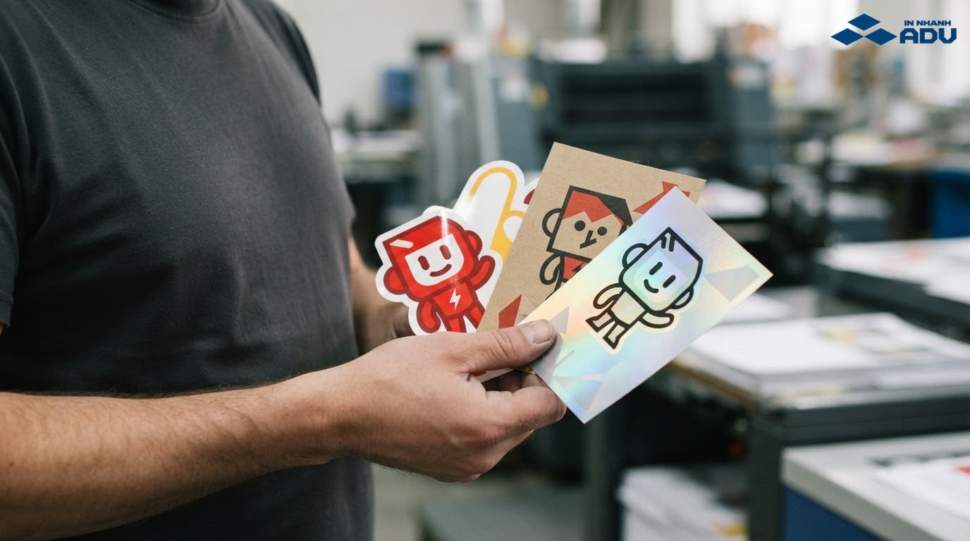 Đôi tay cầm ba mẫu mascot in trên bề mặt trắng, kraft nâu và holographic, với máy in mờ phía sau