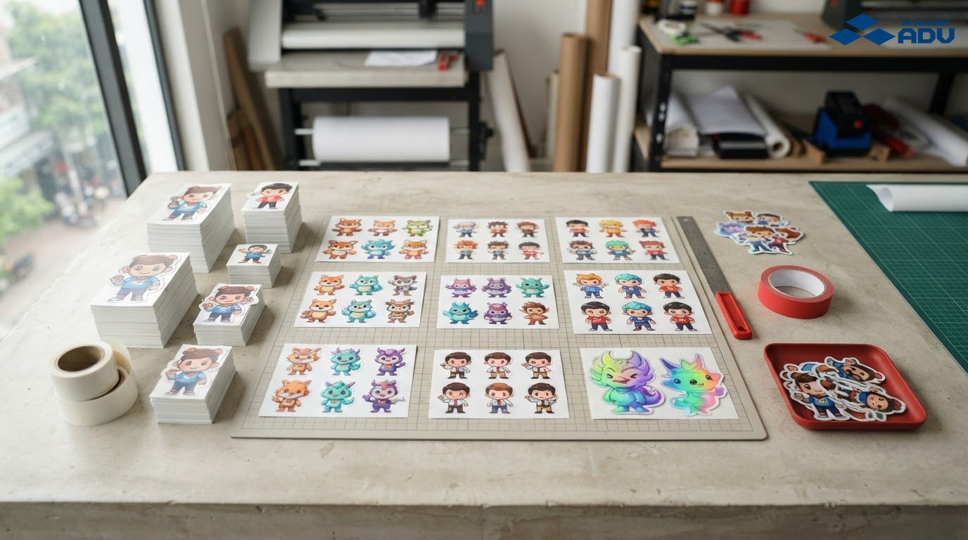 Các tờ sticker mascot nhiều kích thước được xếp thành nhiều chồng, với bề mặt giấy và holographic
