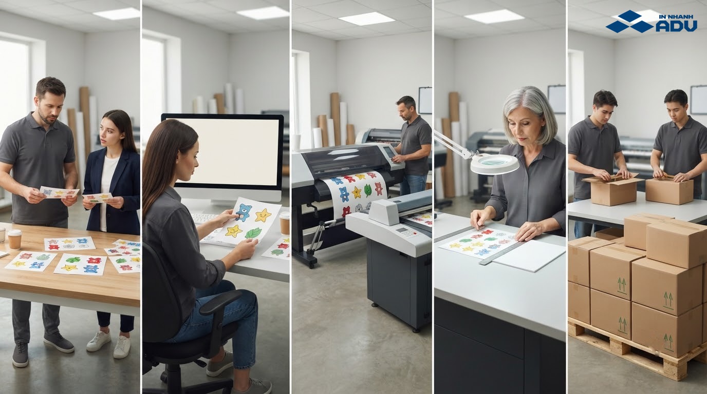 Quy trình đặt in sticker từ tư vấn, kiểm tra file đến sản xuất, KCS và giao hàng