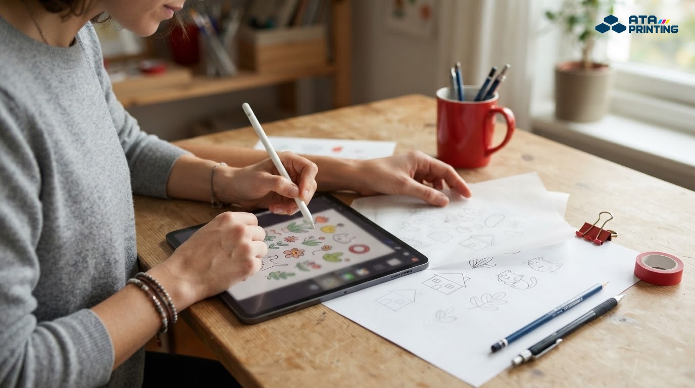 Bàn tay phác thảo mẫu sticker trên máy tính bảng và giấy vẽ