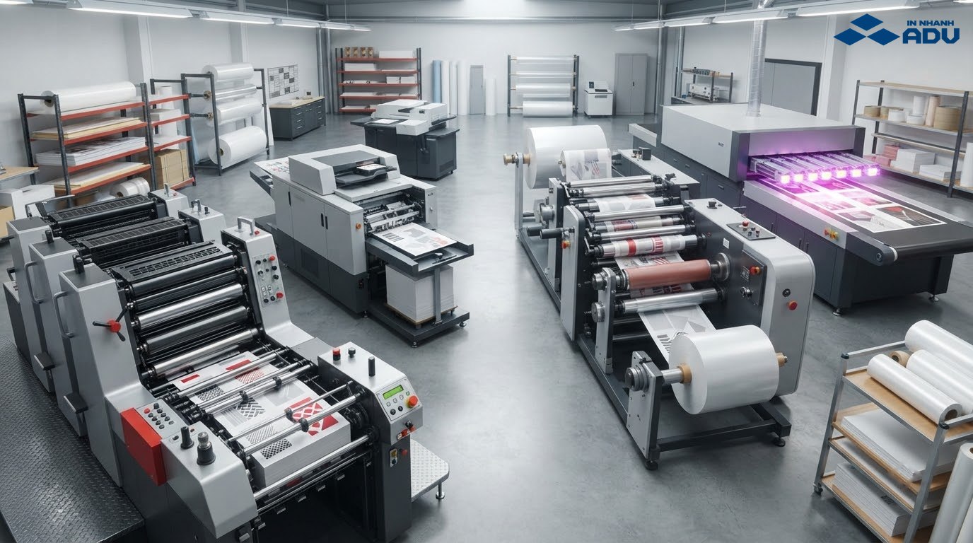 Minh họa các công nghệ in offset, digital, flexo và UV qua thiết bị và vật liệu khác nhau