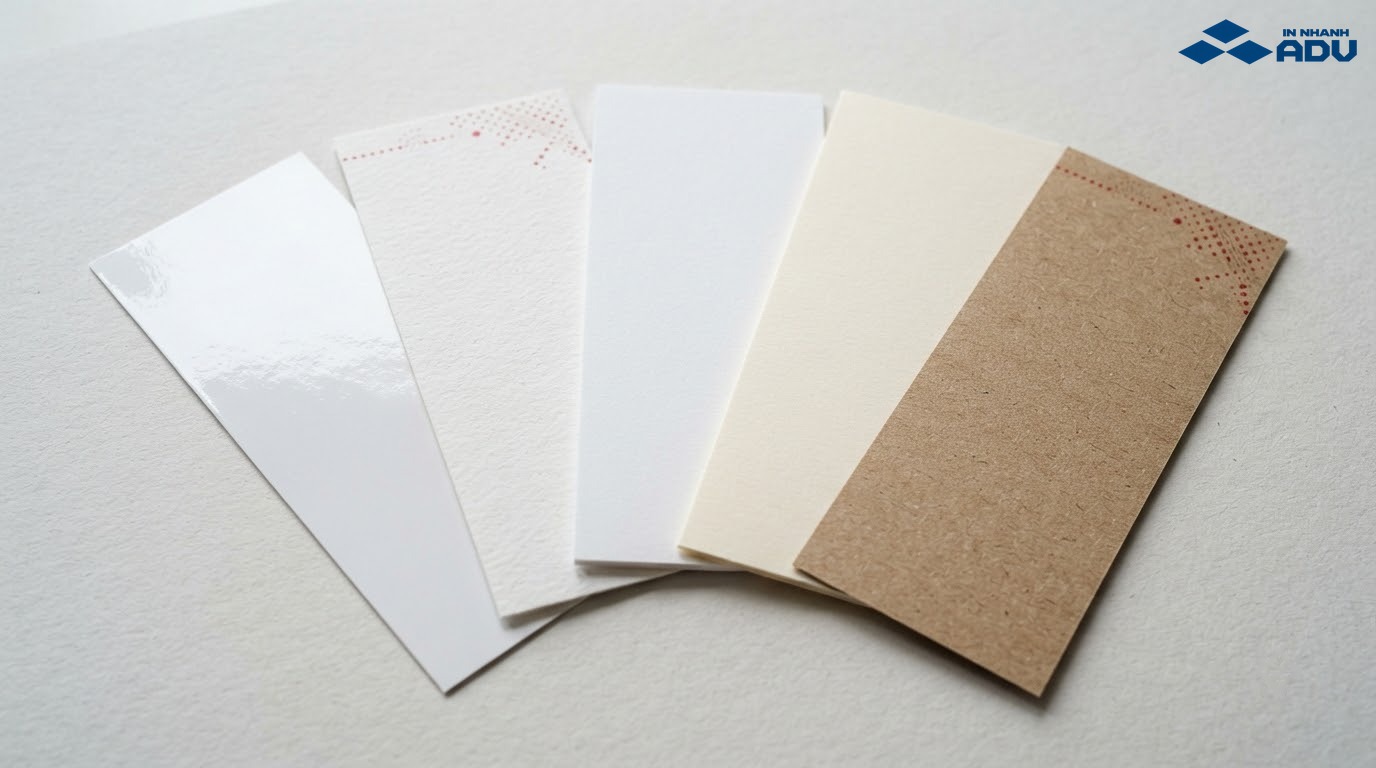 Bộ mẫu giấy Couche, Ford, Bristol, Ivory và Kraft với bề mặt và độ dày khác nhau