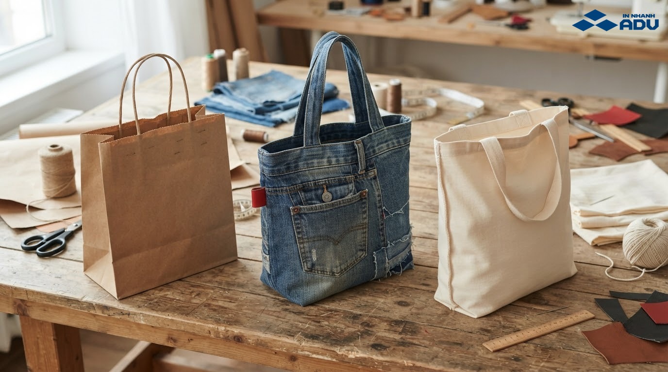 Các mẫu túi tái chế làm từ giấy Kraft, vải denim và vải cotton cũ