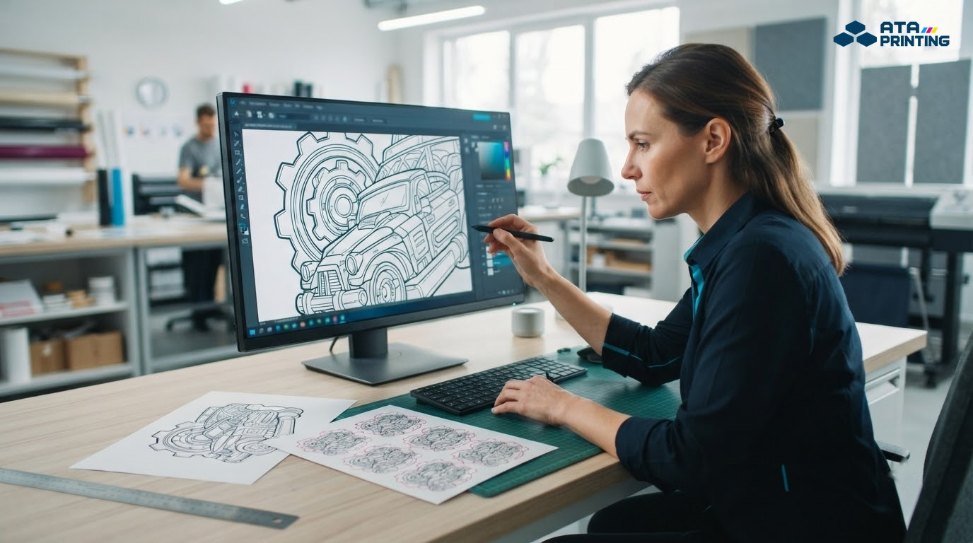 Nhân viên kiểm tra độ nét và đường cắt của file tranh không màu trước khi in