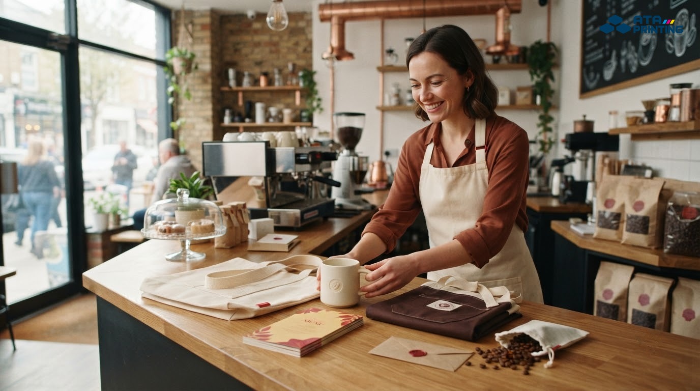 Chủ quán sắp xếp ly, menu và túi cafe có biểu tượng đồng bộ trước giờ mở cửa